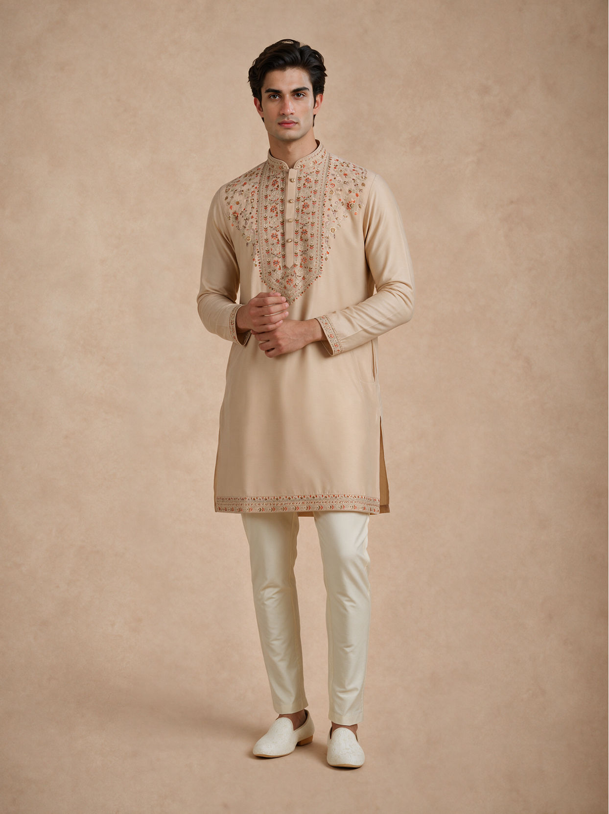 Manyavar Men Beige Silk Kurta Pant with Thread Embroidery