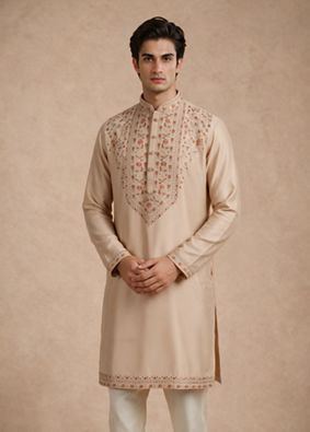 Manyavar Men Beige Silk Kurta Pant with Thread Embroidery