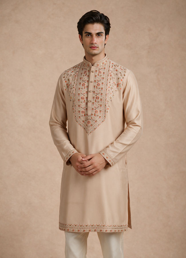 Manyavar Men Beige Silk Kurta Pant with Thread Embroidery