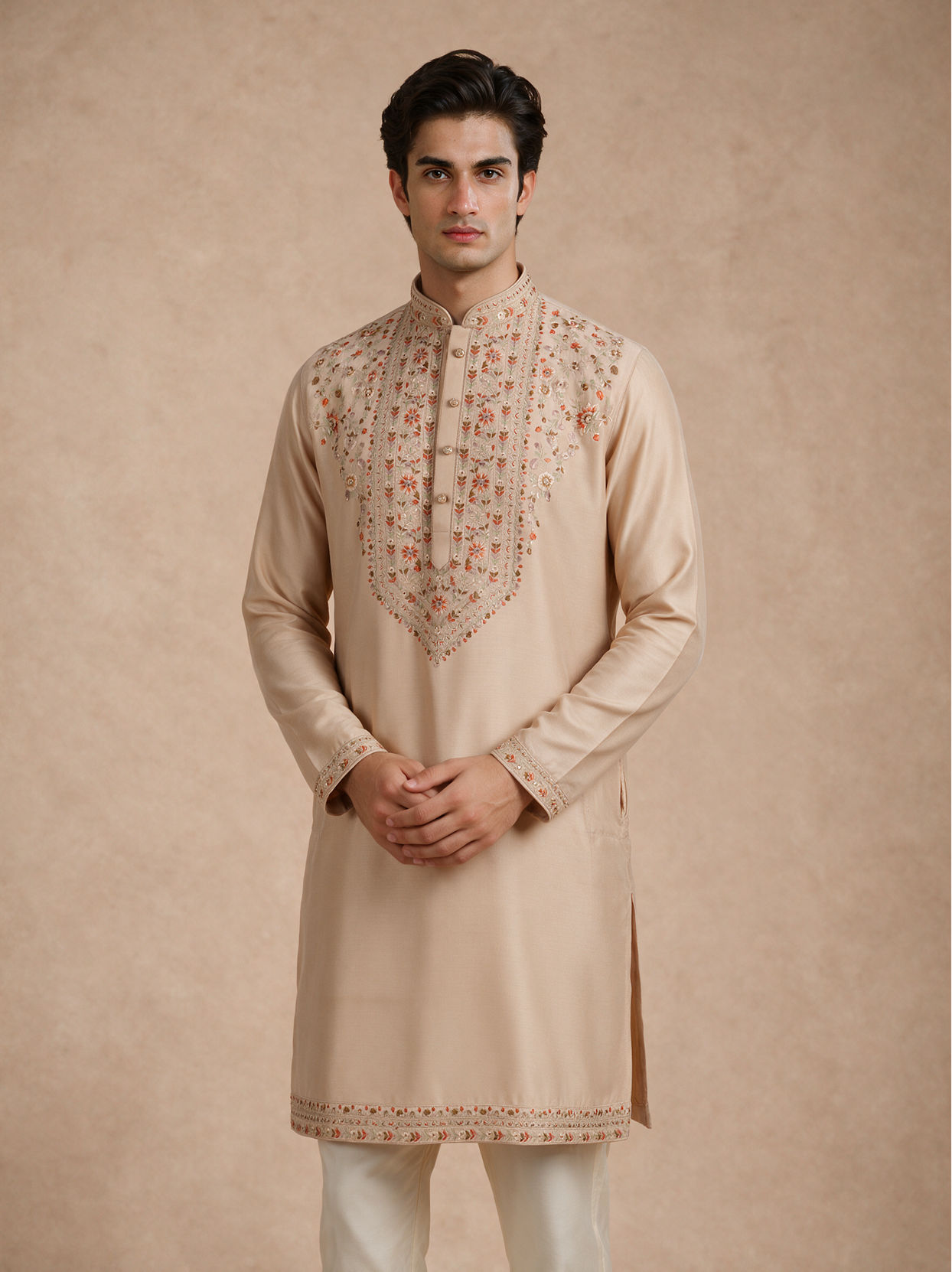 Manyavar Men Beige Silk Kurta Pant with Thread Embroidery