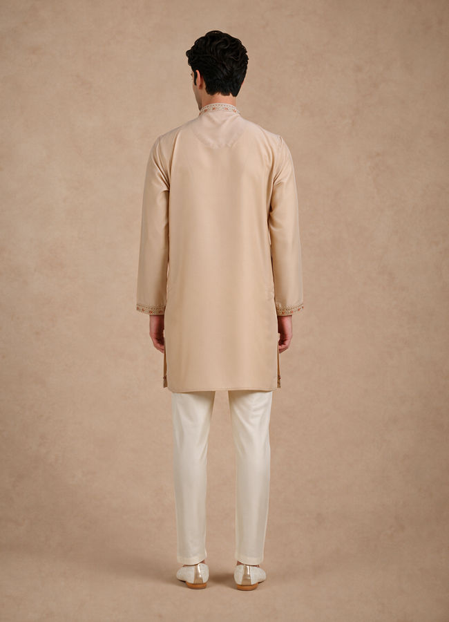 Manyavar Men Beige Silk Kurta Pant with Thread Embroidery