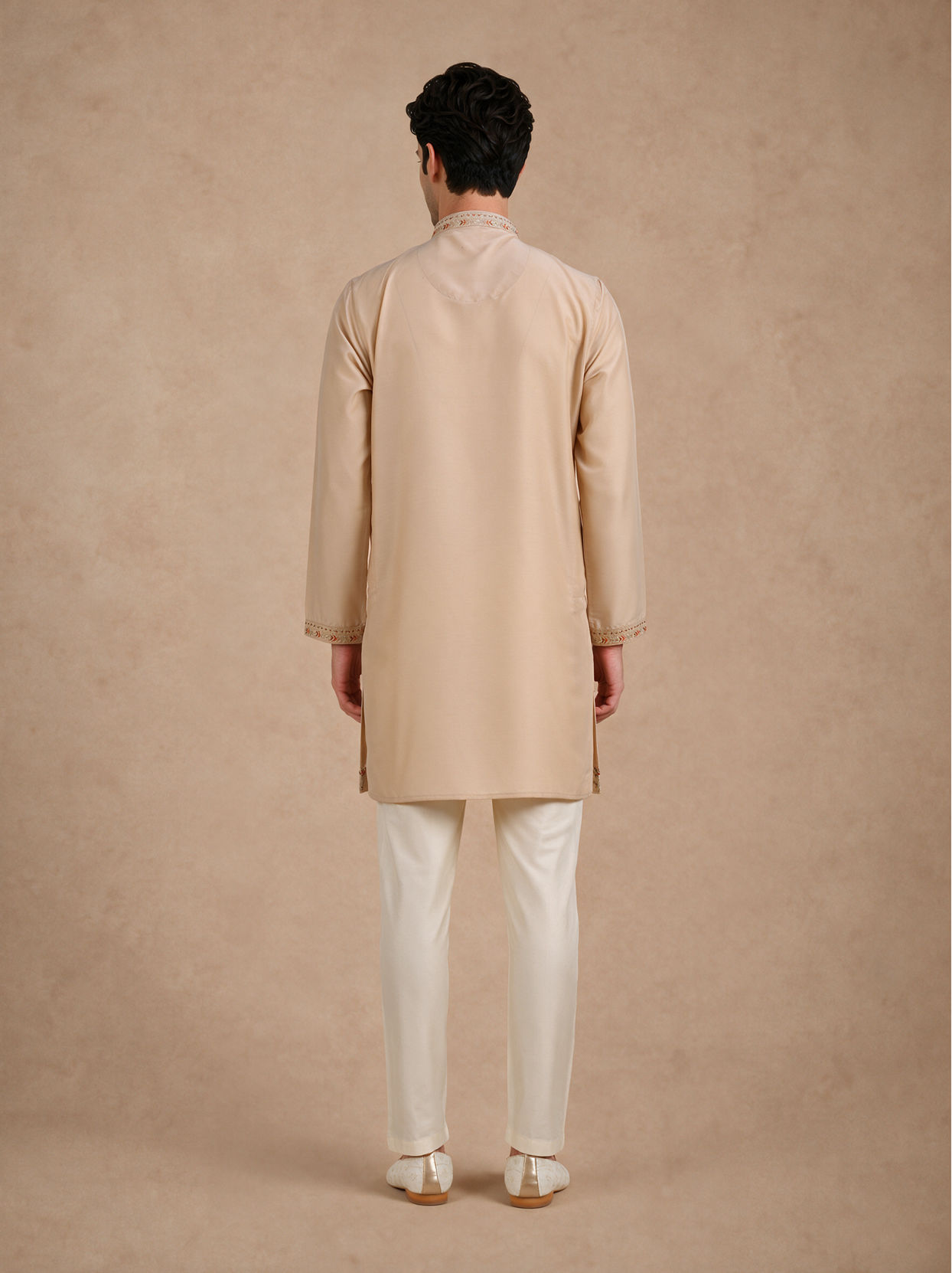 Manyavar Men Beige Silk Kurta Pant with Thread Embroidery