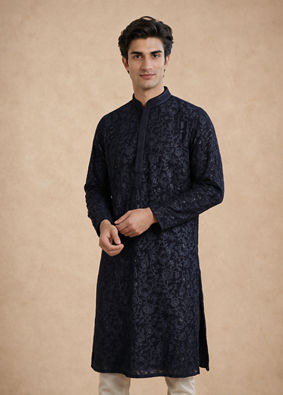 Manyavar Men Dark Blue Georgette Kurta Churidar with Embroidery
