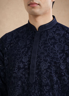 Manyavar Men Dark Blue Georgette Kurta Churidar with Embroidery