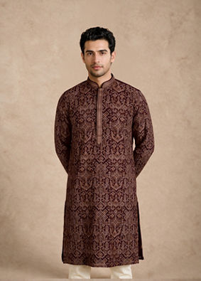 Manyavar Men Wine Georgette Kurta Churidar with Thread Embroidery