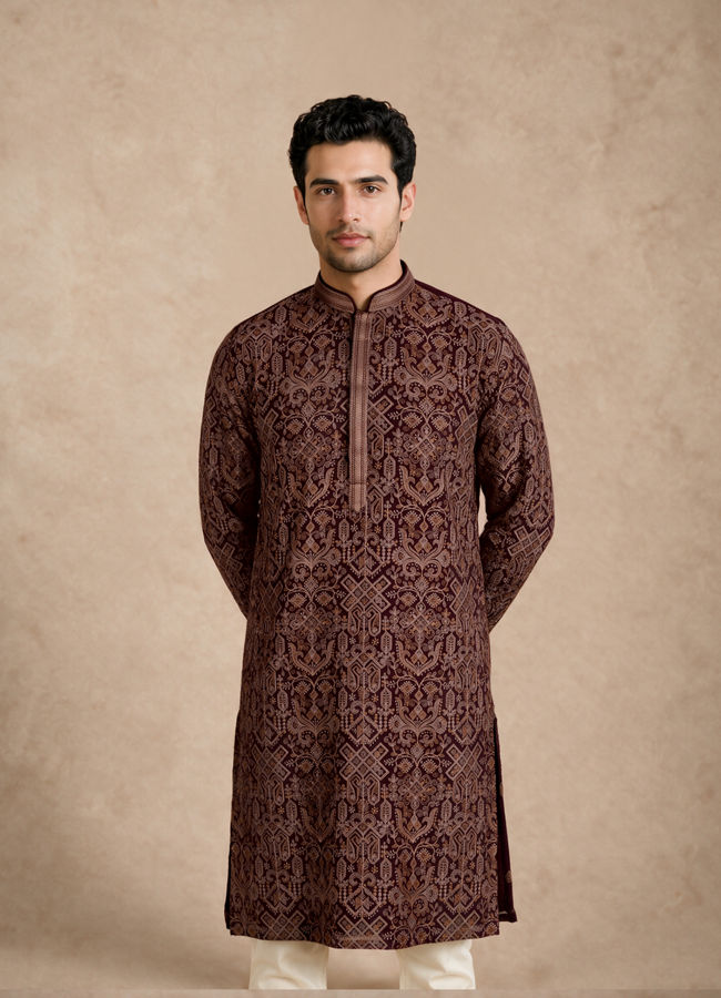 Manyavar Men Wine Georgette Kurta Churidar with Thread Embroidery