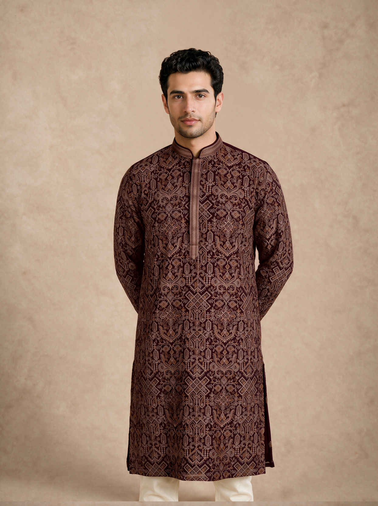 Manyavar Men Wine Georgette Kurta Churidar with Thread Embroidery