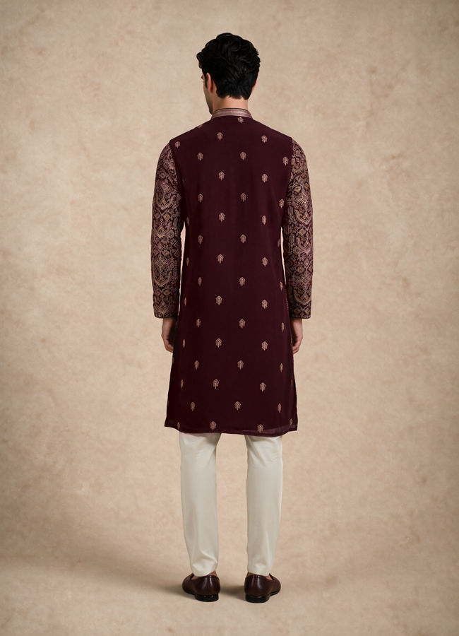 Manyavar Men Wine Georgette Kurta Churidar with Thread Embroidery