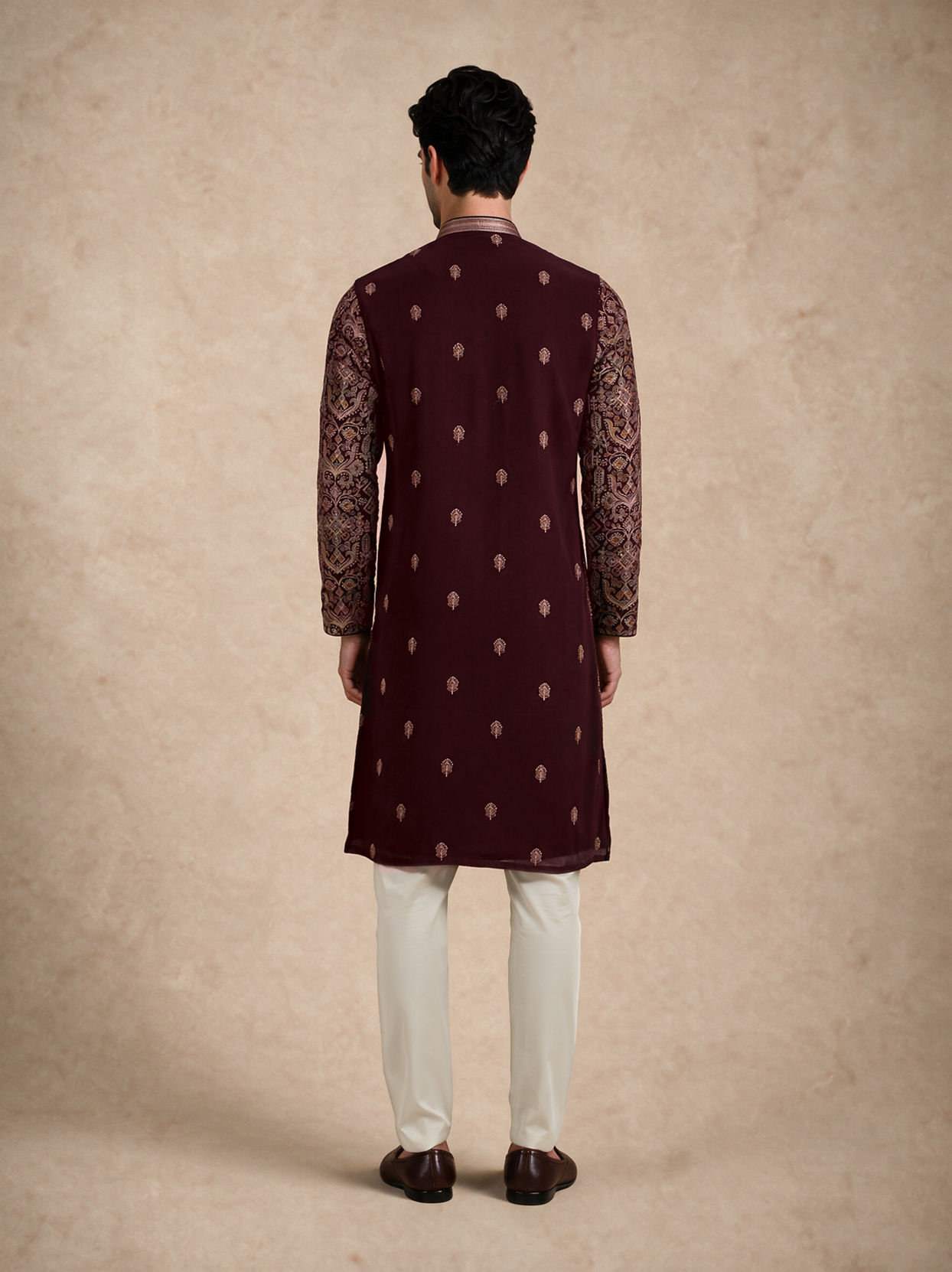 Manyavar Men Wine Georgette Kurta Churidar with Thread Embroidery