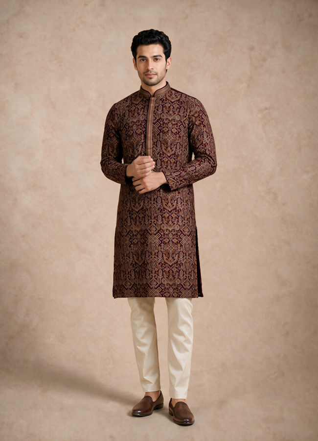 Manyavar Men Wine Georgette Kurta Churidar with Thread Embroidery