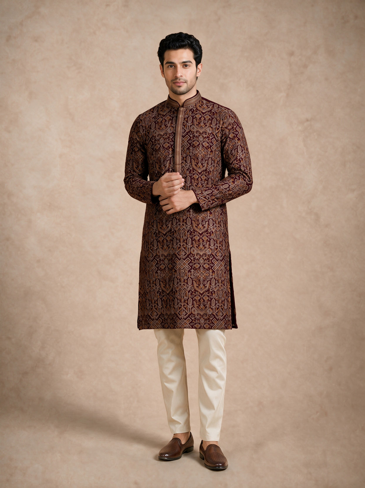 Manyavar Men Wine Georgette Kurta Churidar with Thread Embroidery