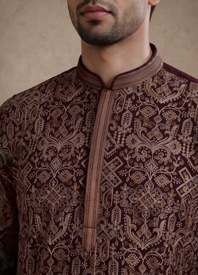 Manyavar Men Wine Georgette Kurta Churidar with Thread Embroidery