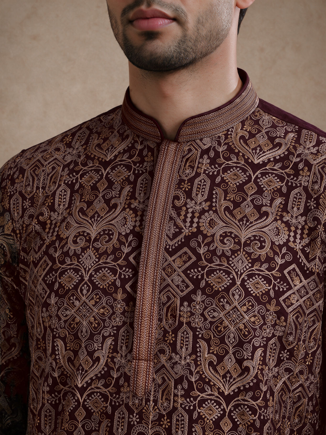 Manyavar Men Wine Georgette Kurta Churidar with Thread Embroidery