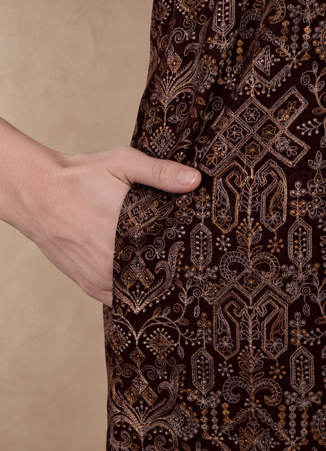 Manyavar Men Wine Georgette Kurta Churidar with Thread Embroidery
