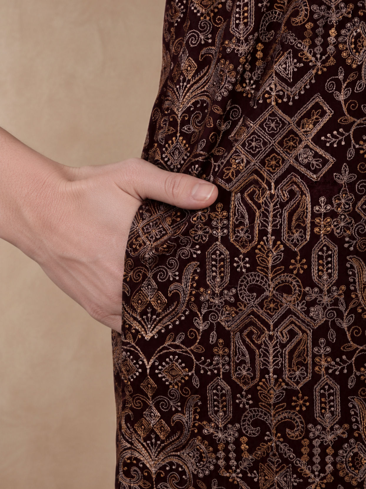 Manyavar Men Wine Georgette Kurta Churidar with Thread Embroidery