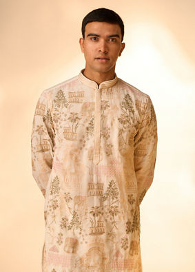 Manyavar Men Cream Georgette Kurta Pant Set