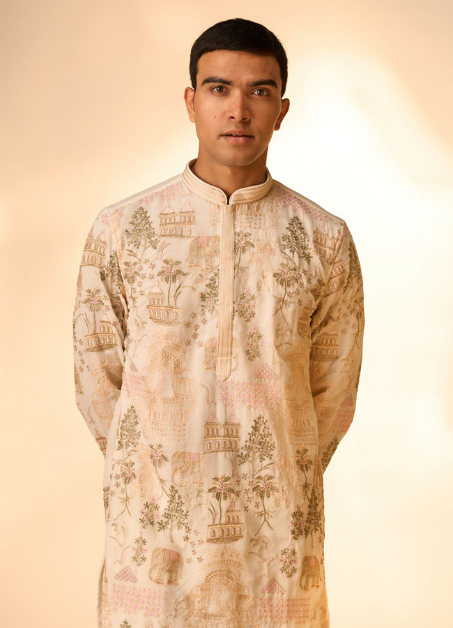 Manyavar Men Cream Georgette Kurta Pant Set