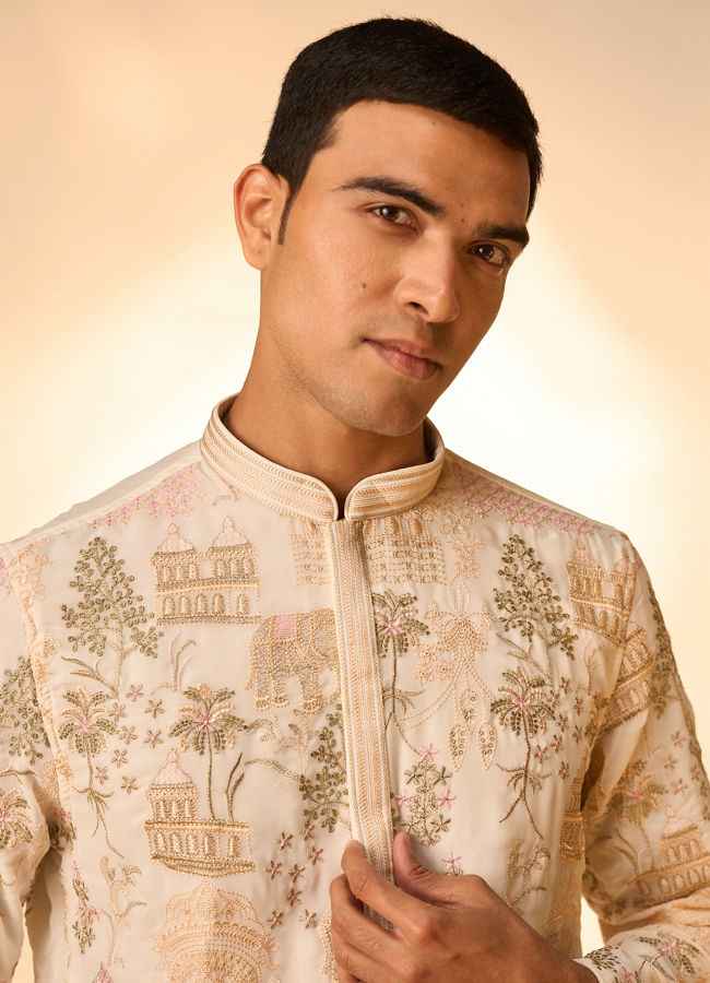 Manyavar Men Cream Georgette Kurta Pant Set