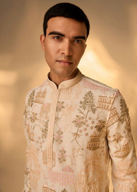Manyavar Men Cream Georgette Kurta Pant Set