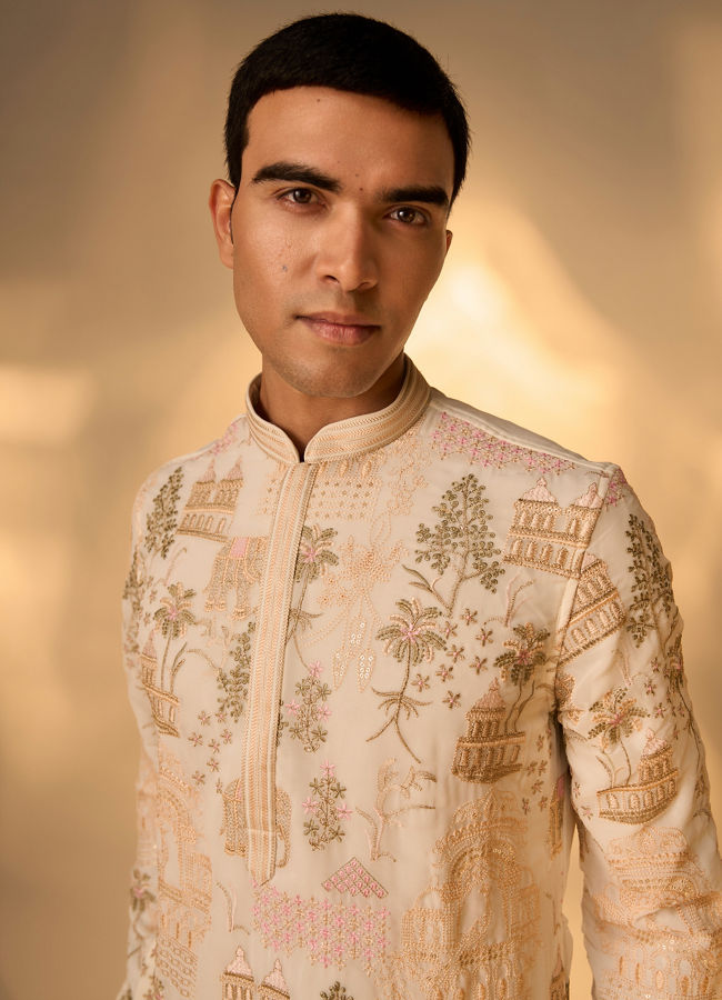 Manyavar Men Cream Georgette Kurta Pant Set