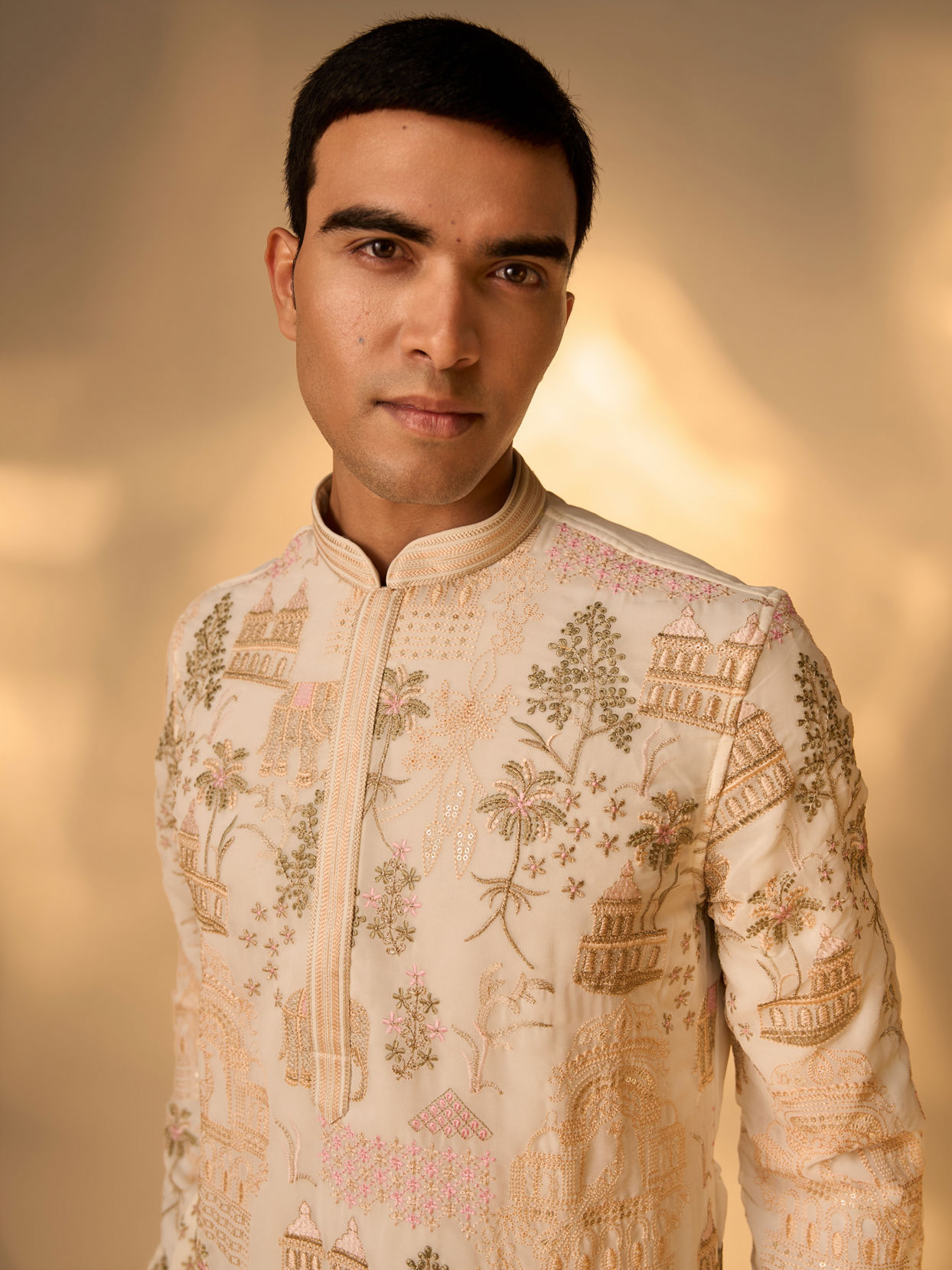 Manyavar Men Cream Georgette Kurta Pant Set