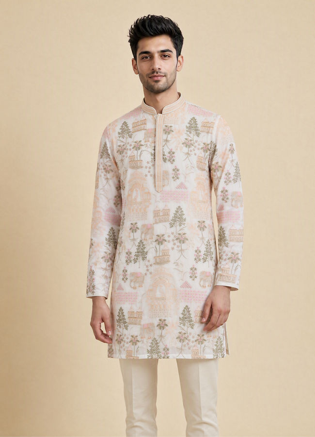 Manyavar Men Cream Georgette Kurta Pant Set
