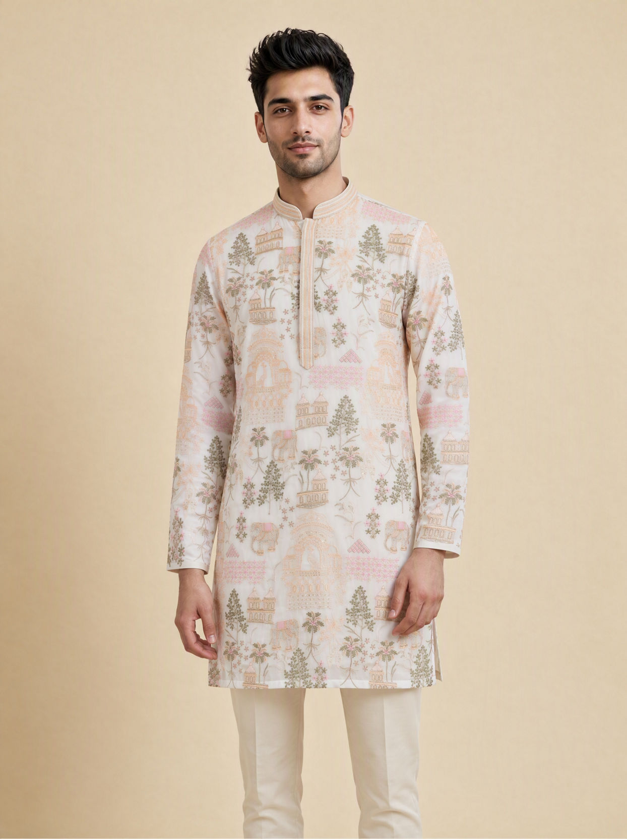 Manyavar Men Cream Georgette Kurta Pant Set