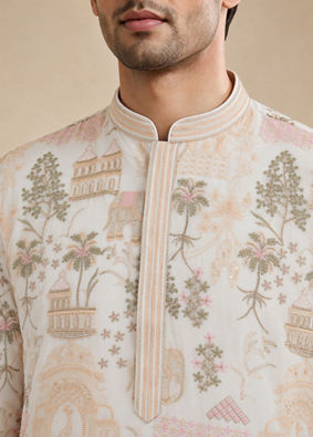 Manyavar Men Cream Georgette Kurta Pant Set
