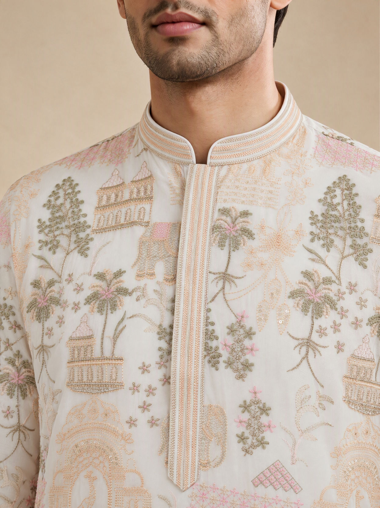 Manyavar Men Cream Georgette Kurta Pant Set