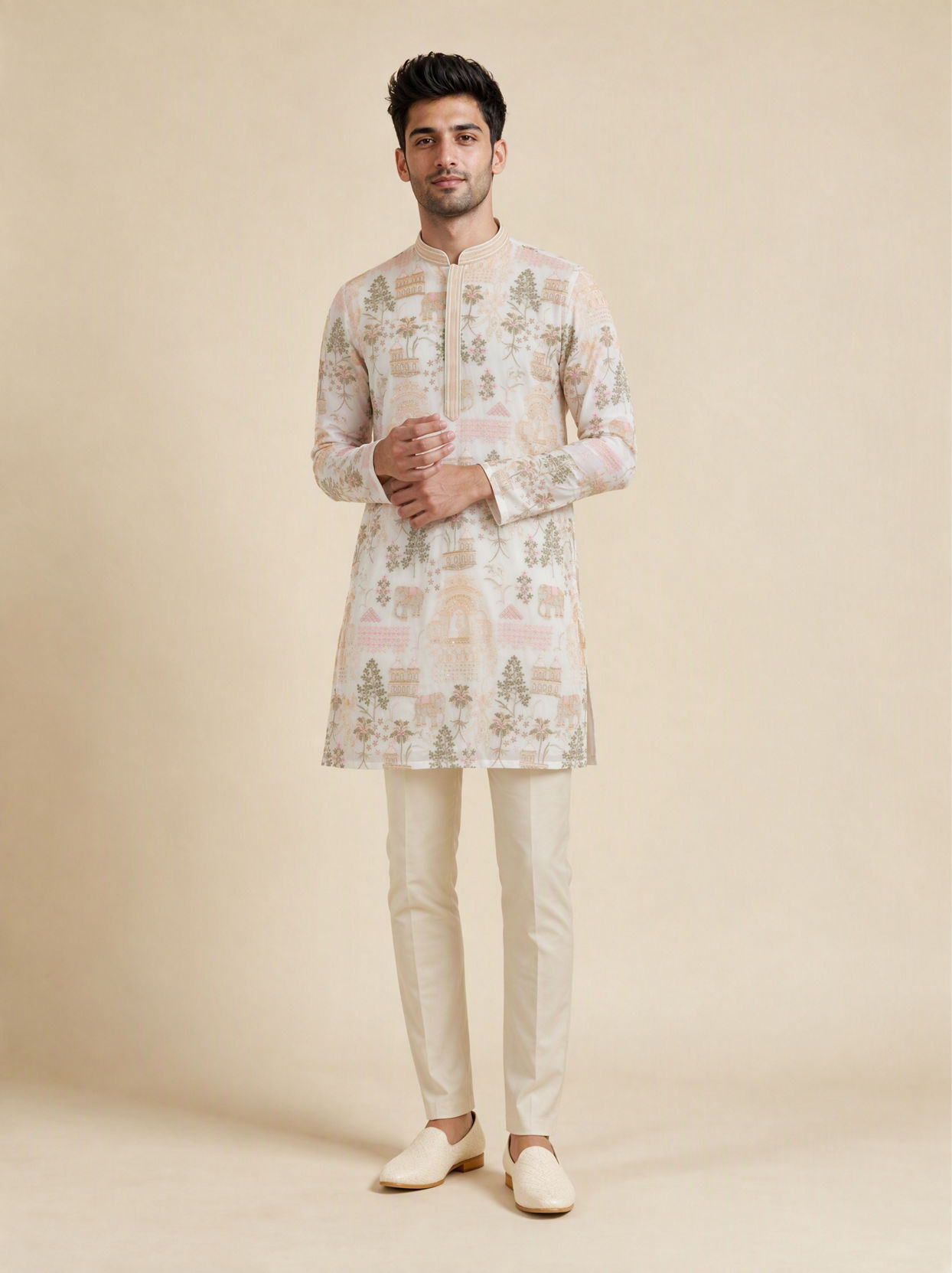 Manyavar Men Cream Georgette Kurta Pant Set