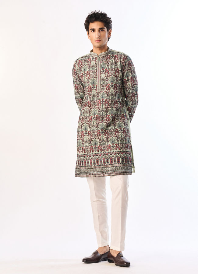 Manyavar Men Light Mid Green Georgette Kurta Pant with Print