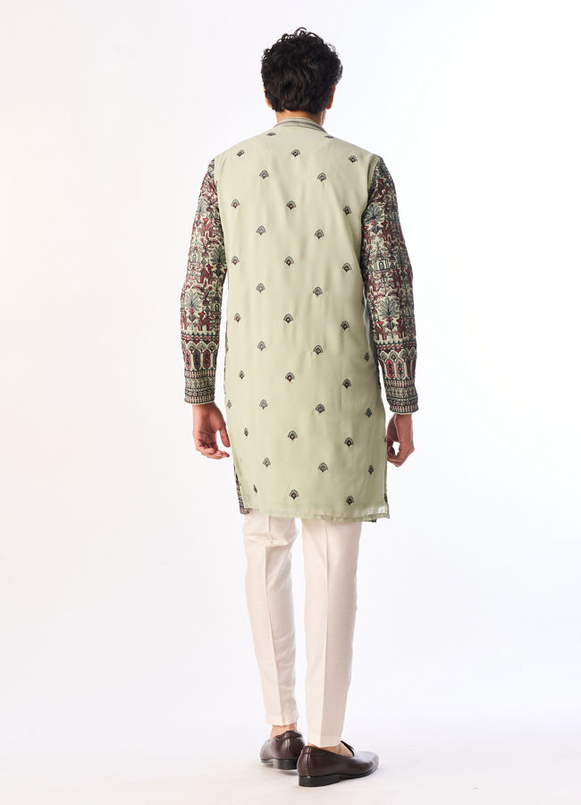 Manyavar Men Light Mid Green Georgette Kurta Pant with Print