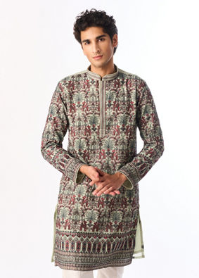 Manyavar Men Light Mid Green Georgette Kurta Pant with Print