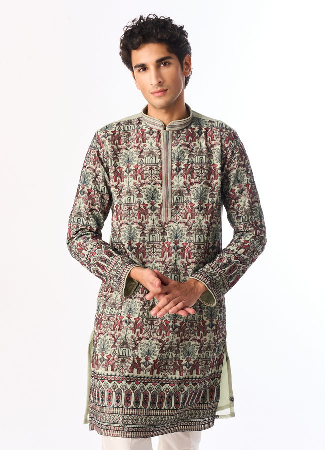 Manyavar Men Light Mid Green Georgette Kurta Pant with Print