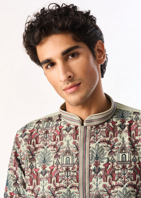 Manyavar Men Light Mid Green Georgette Kurta Pant with Print