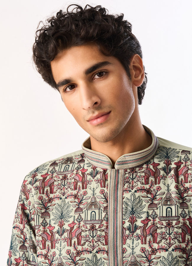 Manyavar Men Light Mid Green Georgette Kurta Pant with Print