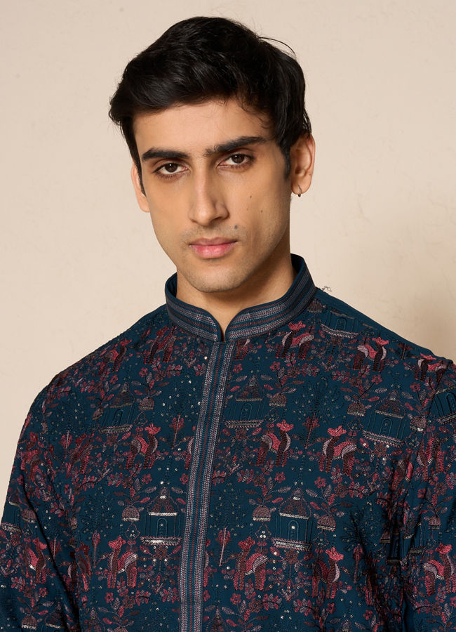 Manyavar Men Green Georgette Printed Kurta Pant Set