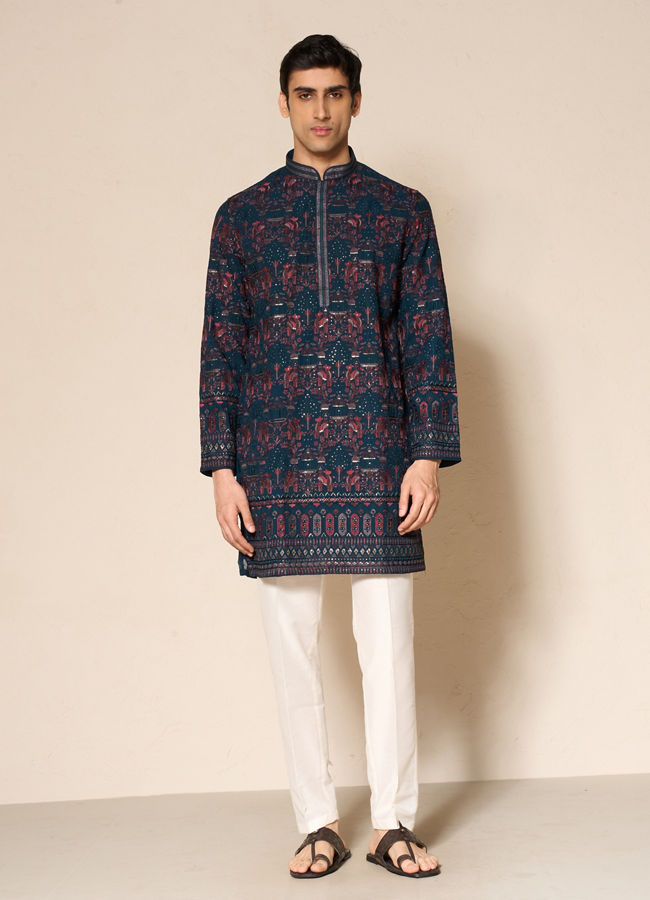 Manyavar Men Green Georgette Printed Kurta Pant Set