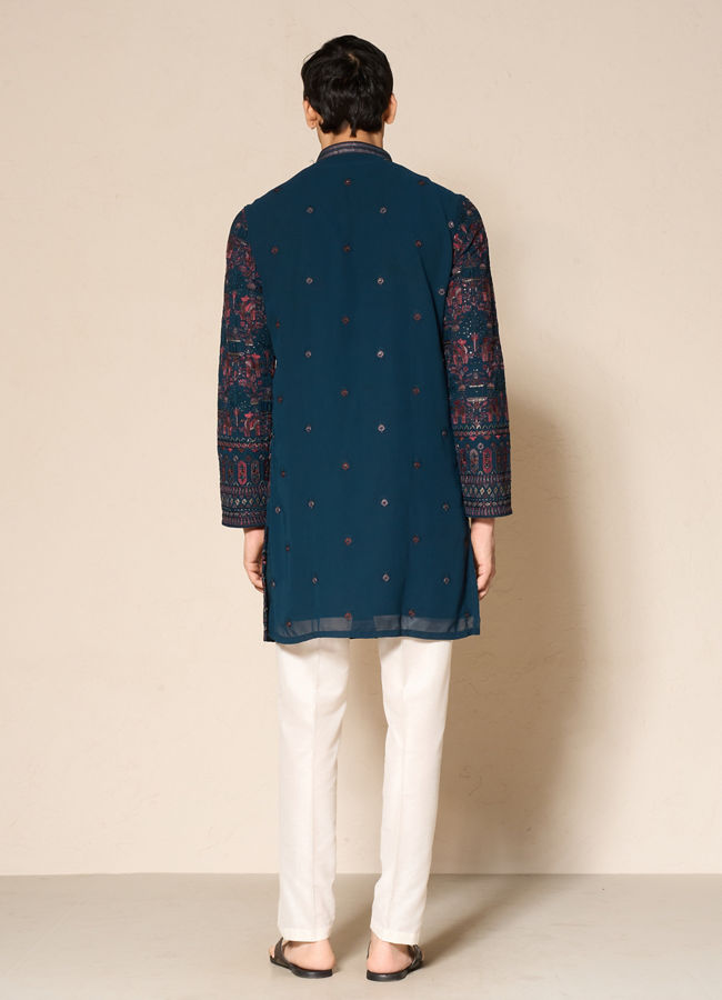 Manyavar Men Green Georgette Printed Kurta Pant Set