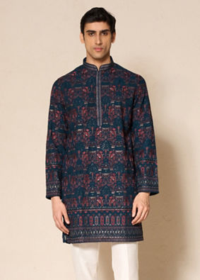 Manyavar Men Green Georgette Printed Kurta Pant Set