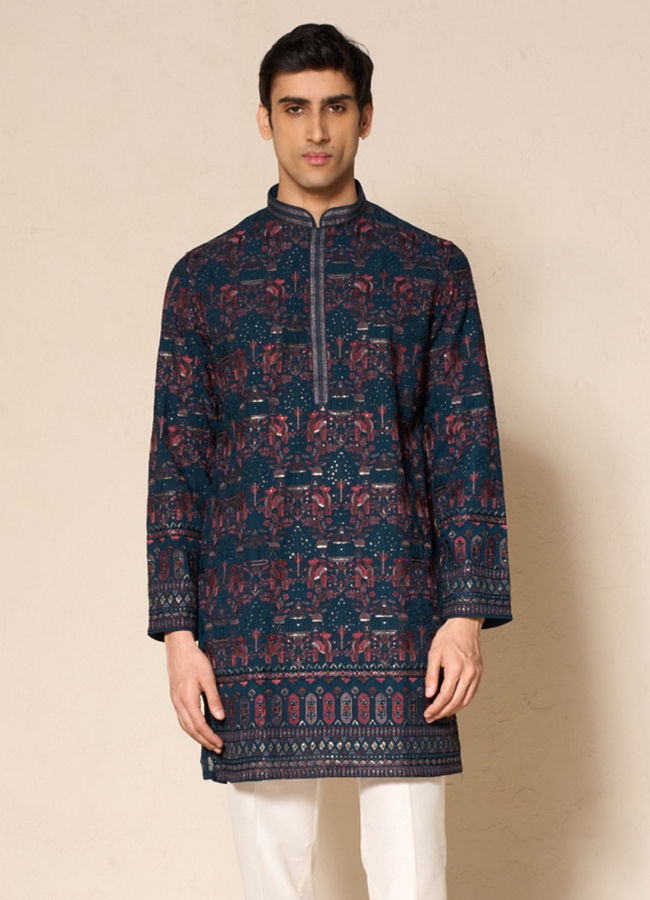 Manyavar Men Green Georgette Printed Kurta Pant Set