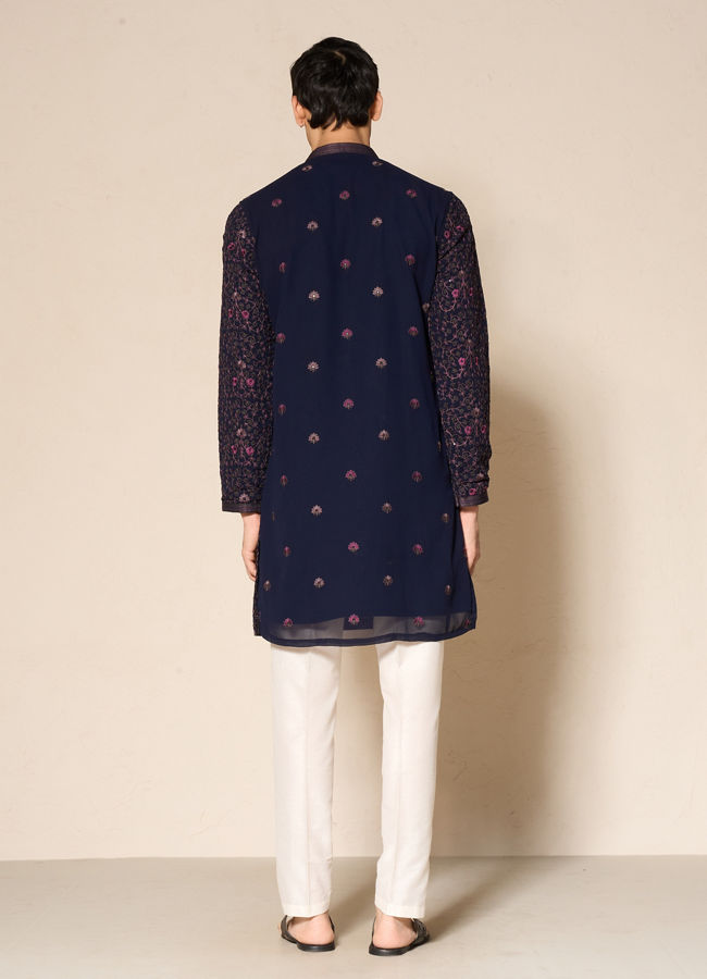 Manyavar Men Blue Georgette Floral Printed Kurta Pant Set