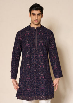 Manyavar Men Blue Georgette Floral Printed Kurta Pant Set