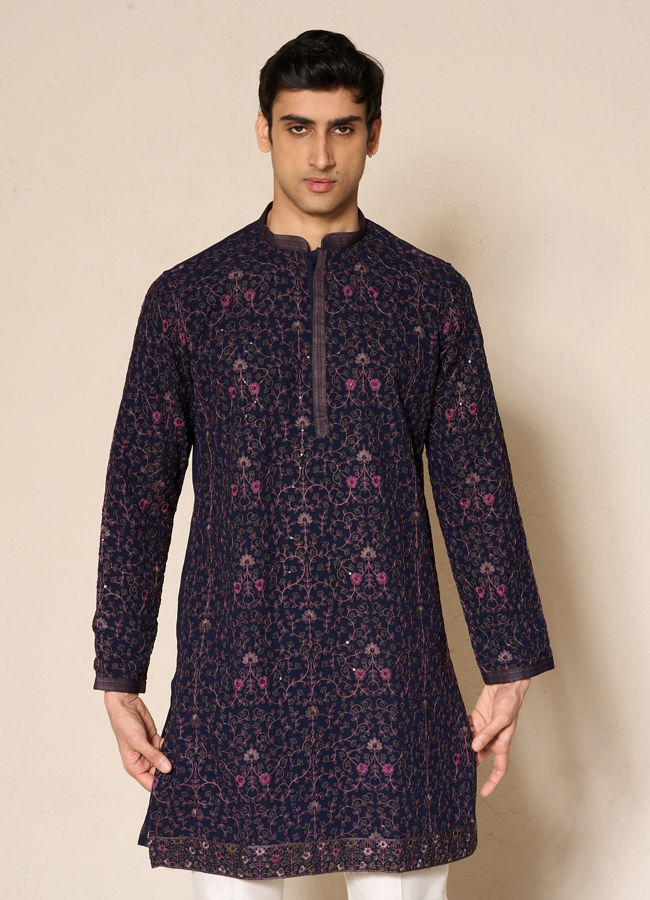 Manyavar Men Blue Georgette Floral Printed Kurta Pant Set