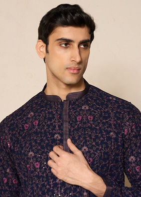 Manyavar Men Blue Georgette Floral Printed Kurta Pant Set