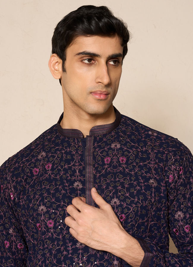 Manyavar Men Blue Georgette Floral Printed Kurta Pant Set