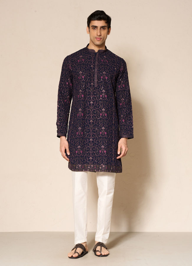 Manyavar Men Blue Georgette Floral Printed Kurta Pant Set