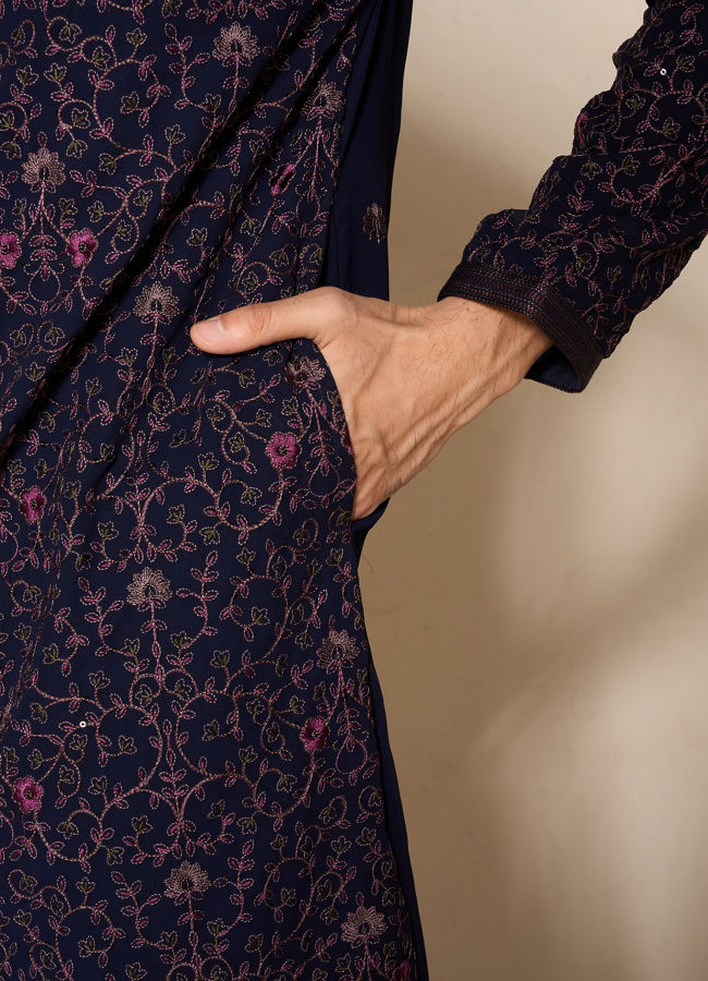 Manyavar Men Blue Georgette Floral Printed Kurta Pant Set