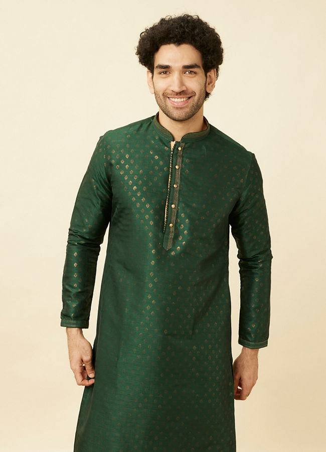 alt message - Manyavar Men Forest Green Buti Printed Kurta Set image number 0