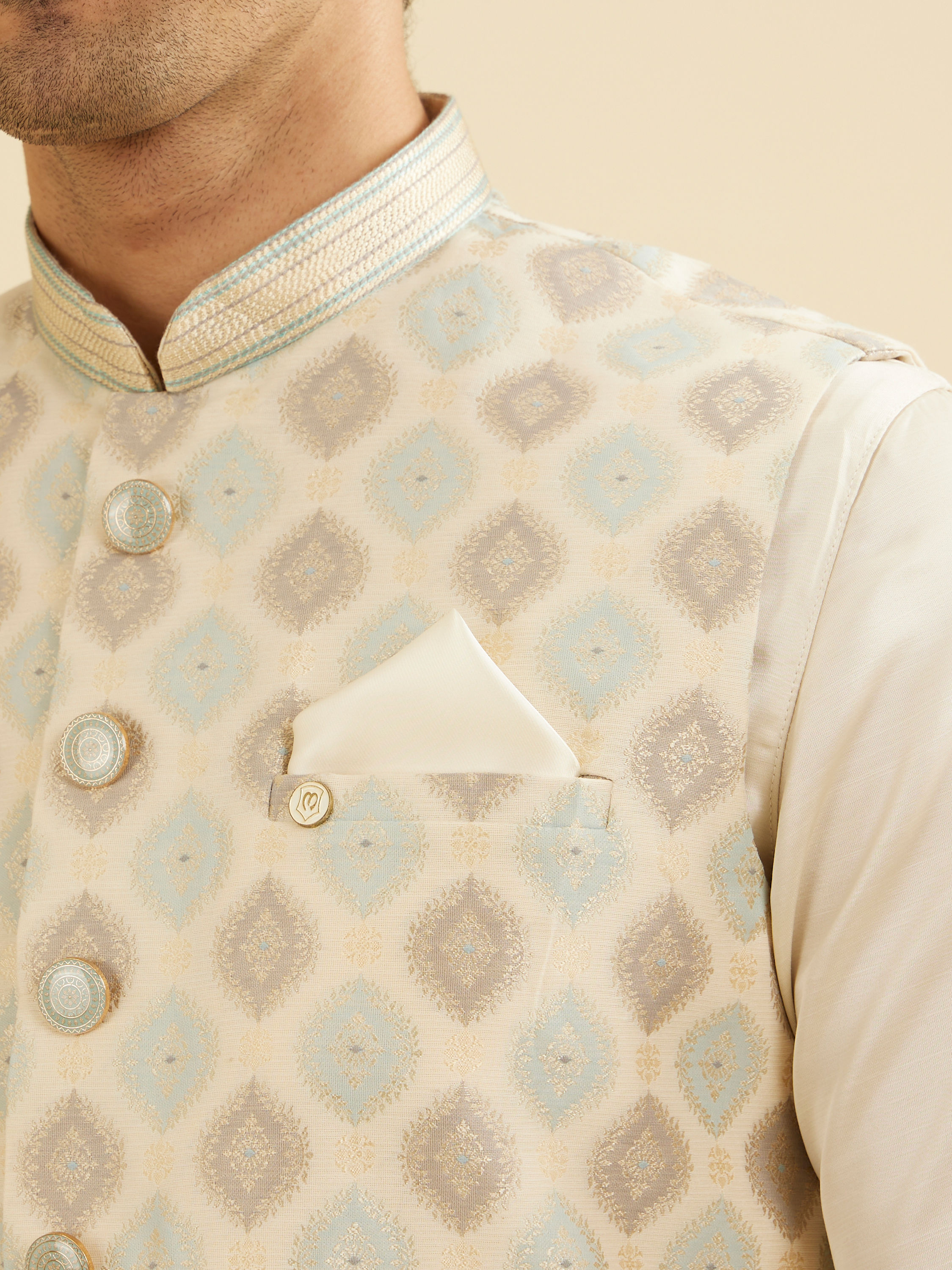 Manyavar Men Lustrous Cream Pocket Square